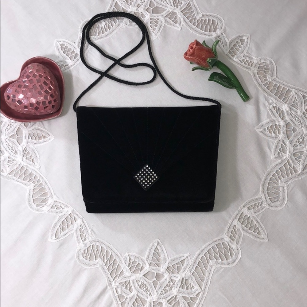 Vintage CAROLYNE BARTON NIGHT Black Velvet & Rhinestone Bag Clutch Purse - Picture 2 of 9